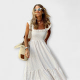 Kárované Maxi Šaty s Volánovými Rukávy