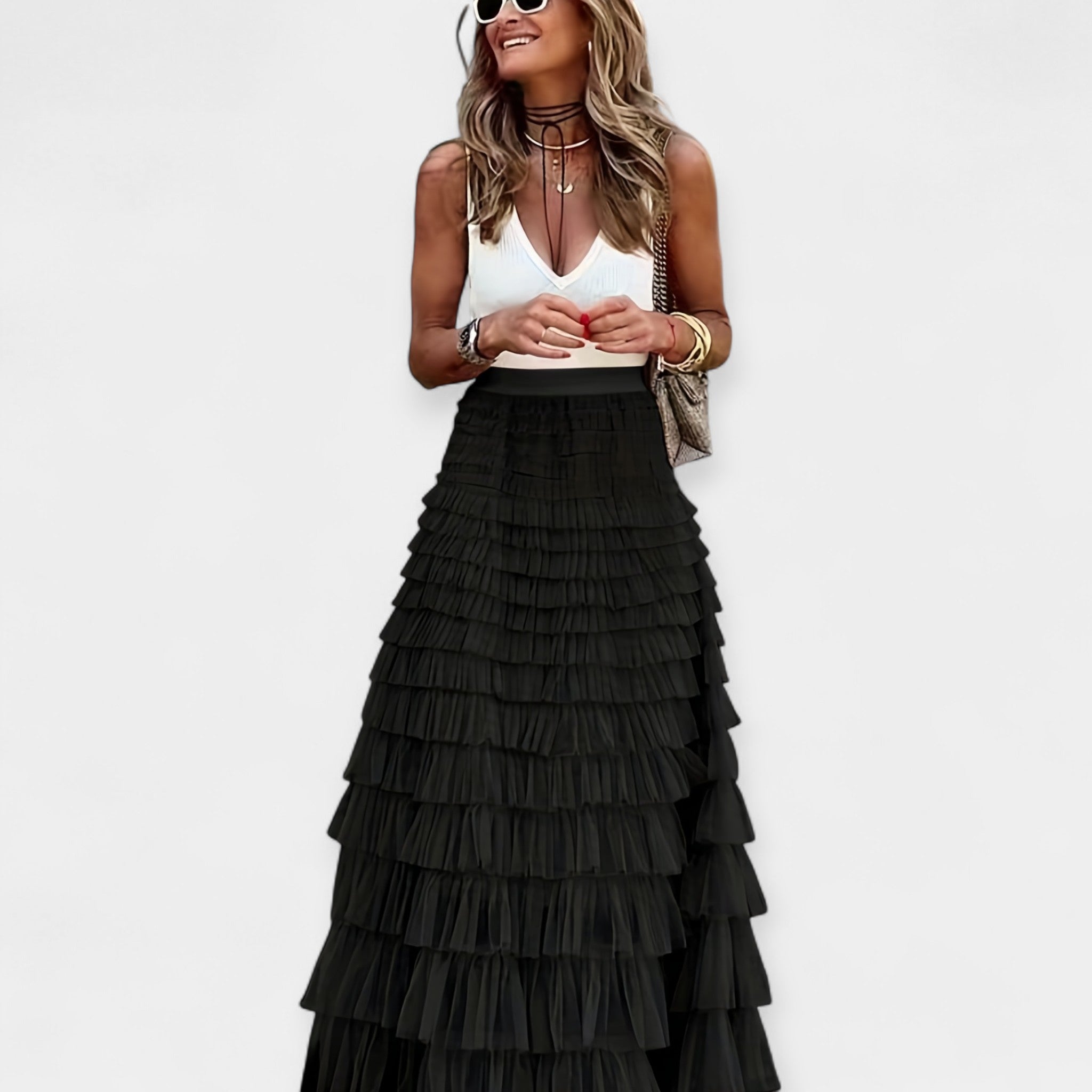 Valerie - Boho Sukně s Síťovaným Saténovým Lemem