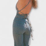 Julie - Džínový overal s rozšířenými nohavicemi a detailem na zavázání