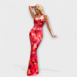 Thalia - Šaty na ples s květinovým potiskem a zavázanými ramínky