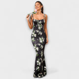 Thalia - Šaty na ples s květinovým potiskem a zavázanými ramínky