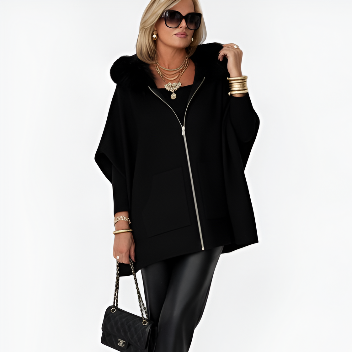 Veronika | Pletený pončo kabátek s kožíškovým lemem﻿