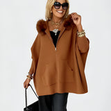 Veronika | Pletený pončo kabátek s kožíškovým lemem﻿