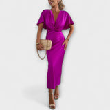 Sable - Maxi šaty s V výstřihem a křížovým uzlem z pevného saténu